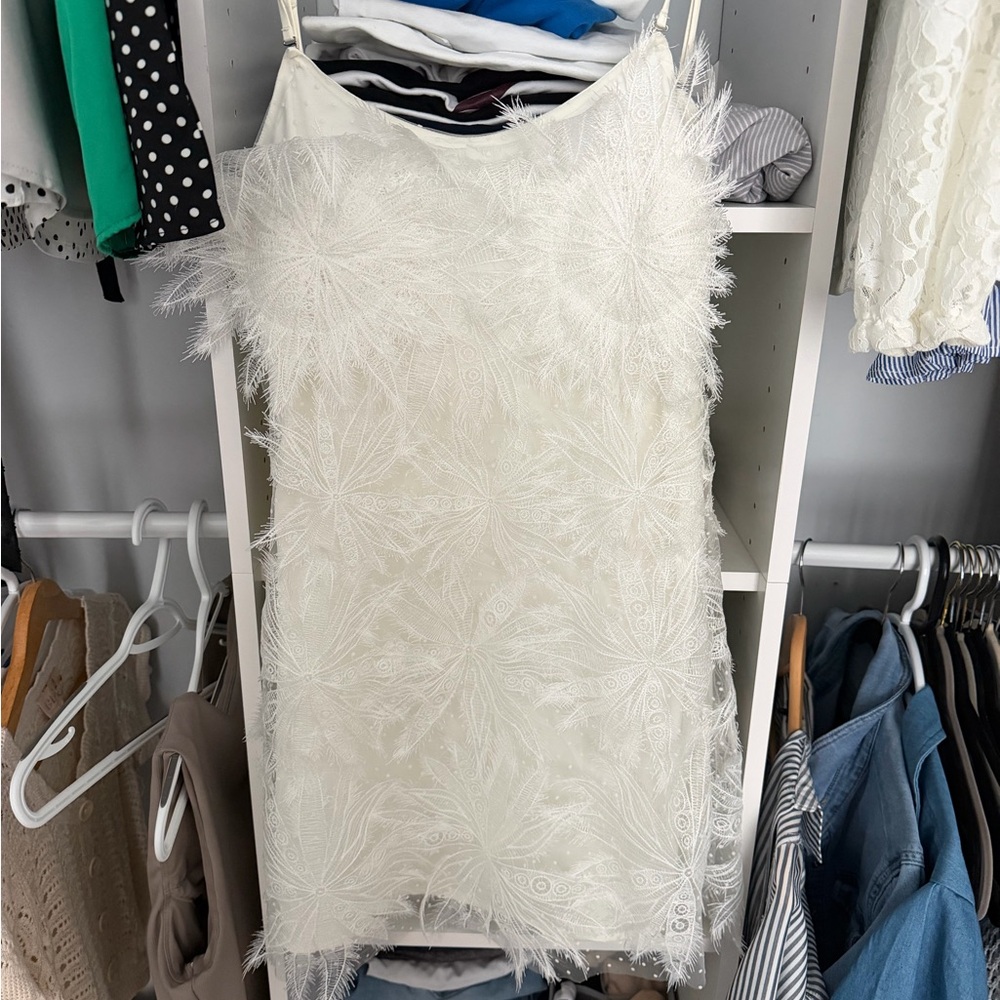 White Feather-Embellished Mini Dress